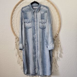 Billy T Western Chambray Lyocell Denim Long Sleeve Button Down Midi Shirt Dress